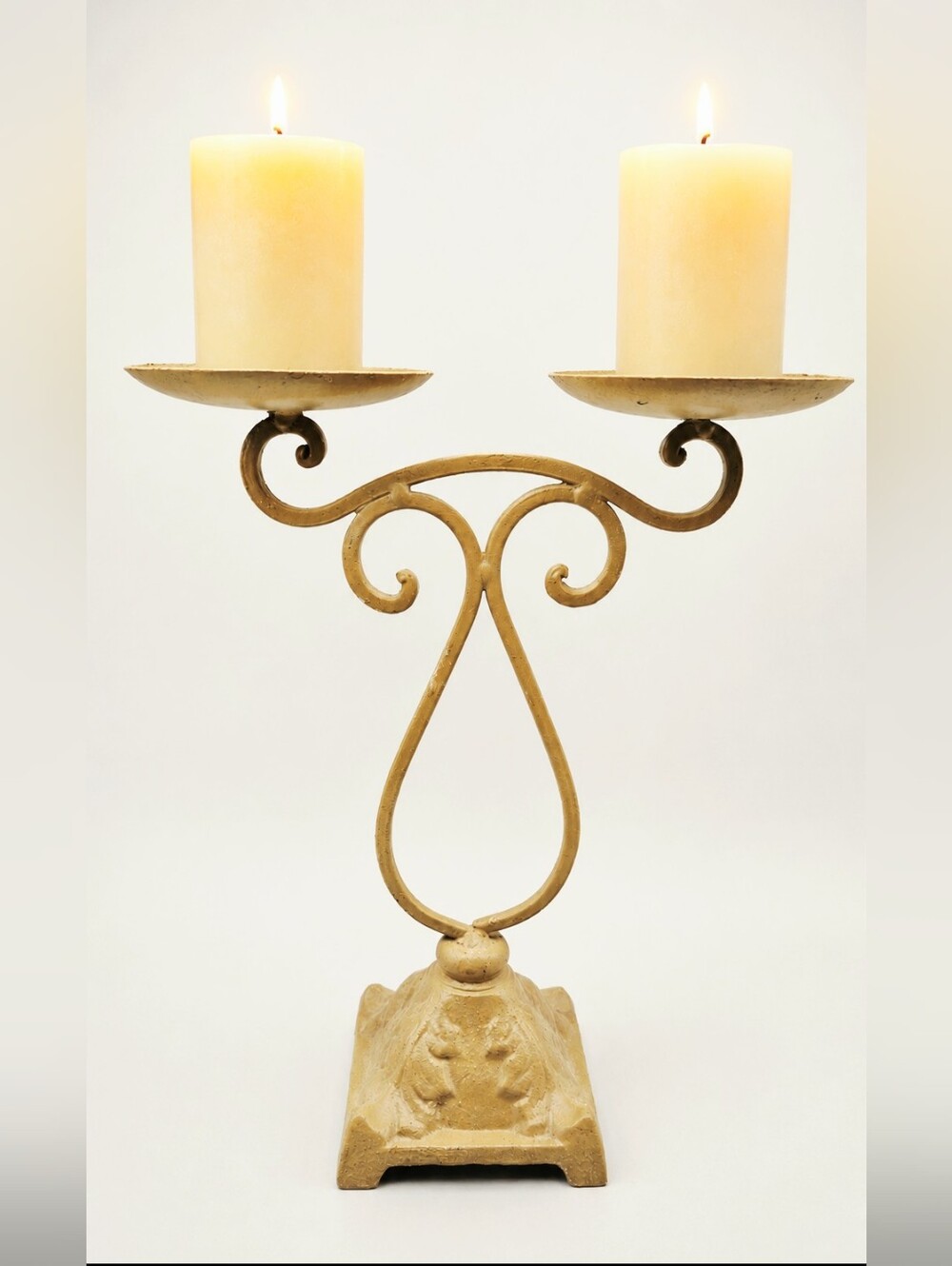 Vintage Double-Arm Metal Candle Holder in Matte Tan